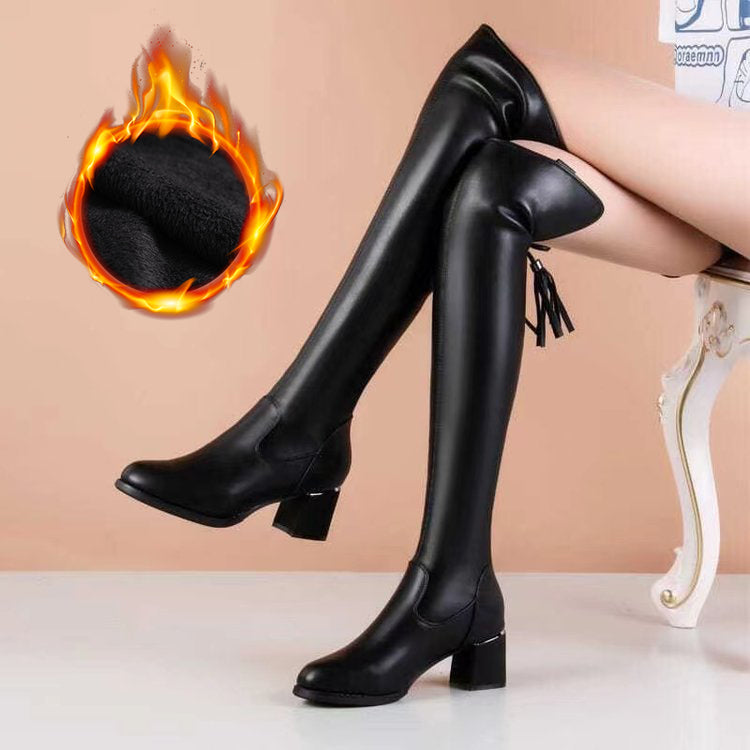 【50% ZNIŻKI】💥35-41💥Modne elastyczne kozaki za kolano – czarne, wysmuklające, z grubym obcasem na zimę 2025