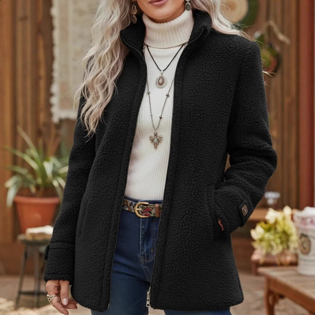 Palton damă lejer din lână, cu fermoar și căptușeală din fleece, mărimi S–3XL