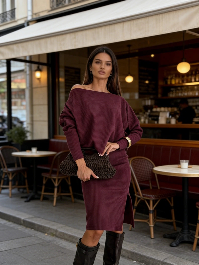 ✨【Top + Falda】 Conjunto de punto hombro inclinado para mujer, manga murciélago y falda abierta, ideal para primavera
