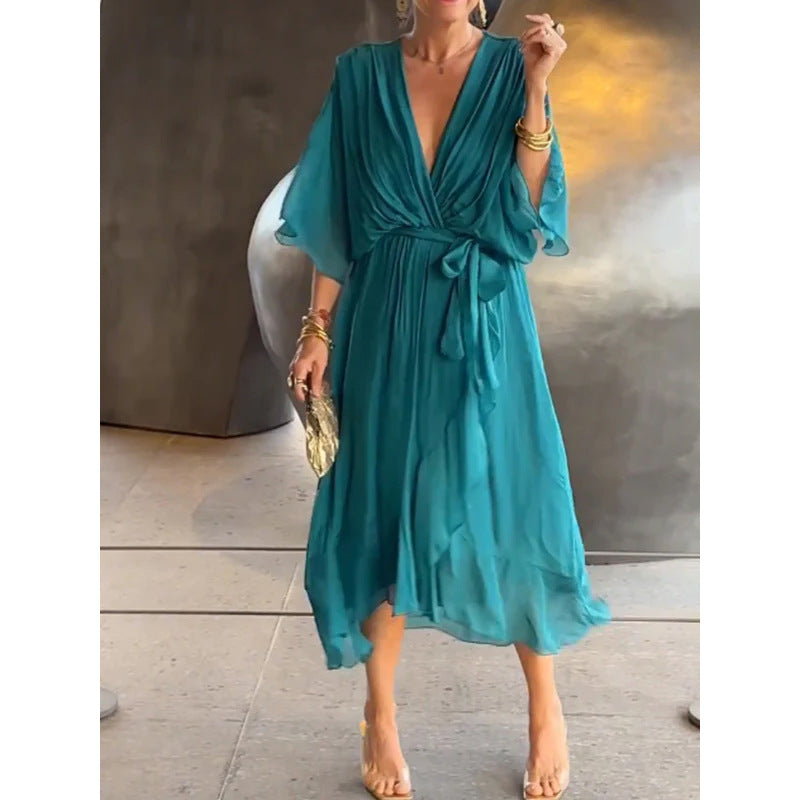 💟【S-5XL】 👗 Дълга шифонена рокля с ръкави тип „прилеп“, предлага се в различни цветове