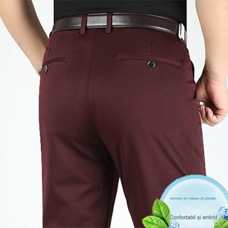 Pantaloni casual de afaceri subțiri pentru bărbați de primăvară și vară Pantaloni elastici din mătase de gheață, drepti, largi, fără călcat