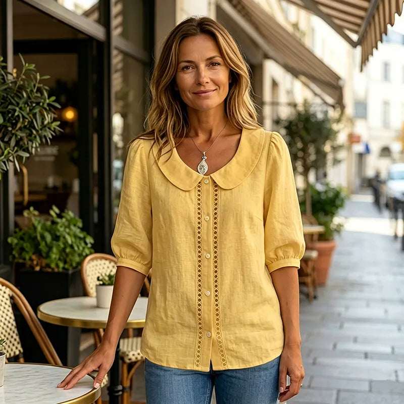 Cămașă de Vară Dama cu Guler Peter Pan și Detalii Dantelate, Bluză Elegantă cu Mânecă Trei Sferturi, Top Casual Textură Tip In