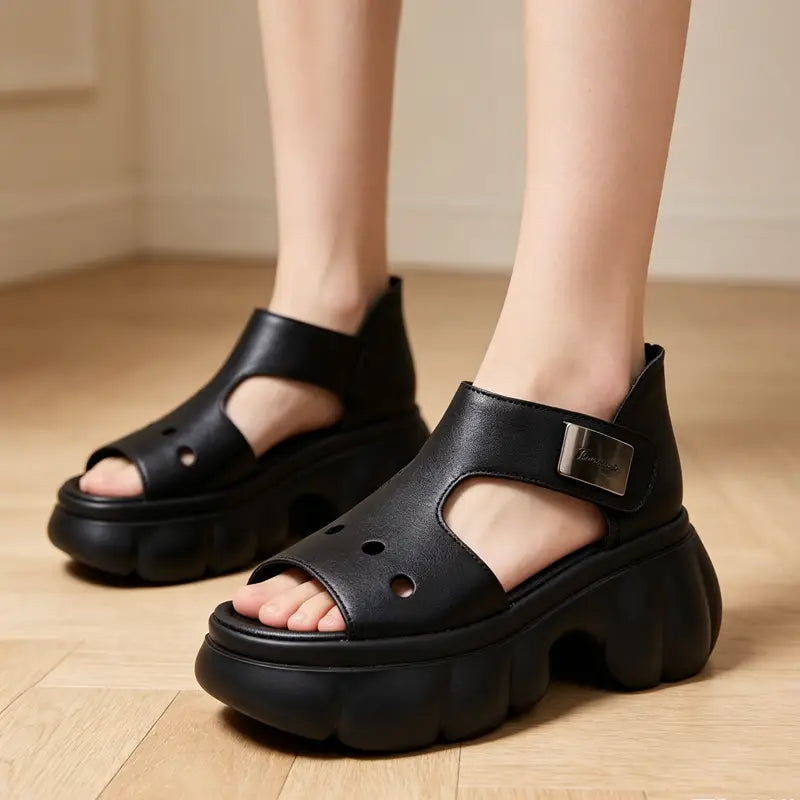 Sandale cu Platformă Groasă pentru Femei - Din Piele Moale, Design Decupat cu Degete Decupate, Talpă Ultra-Ușoară și Antiderapantă, Stil Casual de Vară