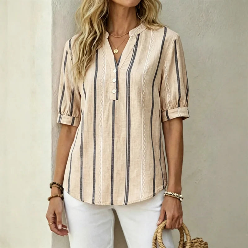 👚 Bluză de vară cu mânecă scurtă, din bumbac și in, cu dungi și material respirabil