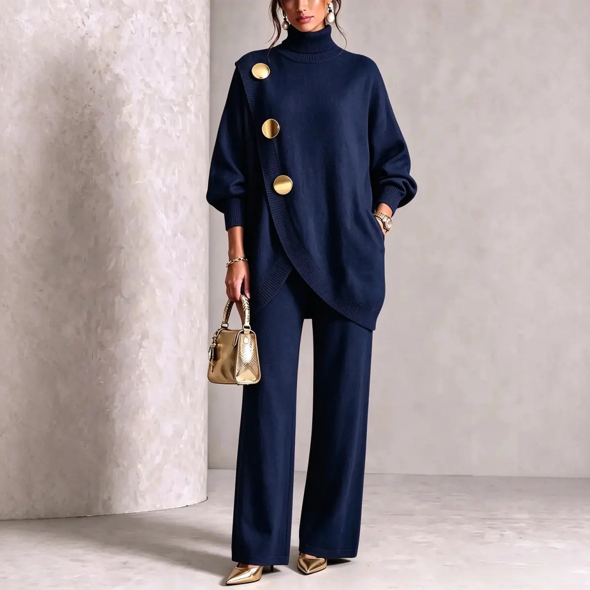 💕 【Top + pantaloni】Set elegant pentru femei: bluză cu guler înalt și pantaloni cu croială largă