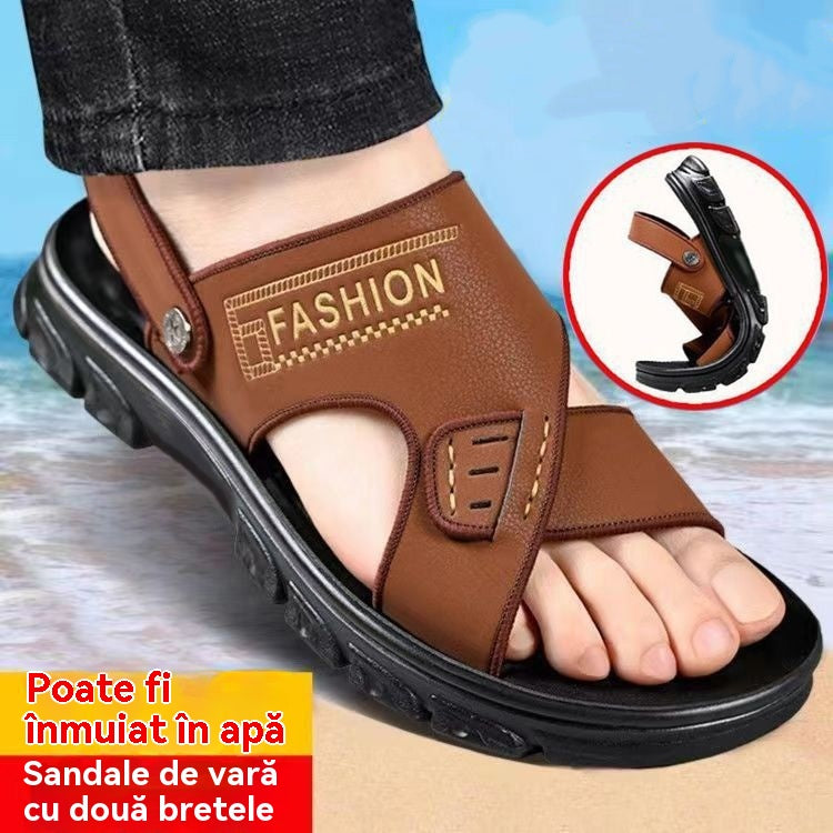 🐂【38-47】Sandale de plajă din piele pentru bărbați, noi, cu talpă groasă