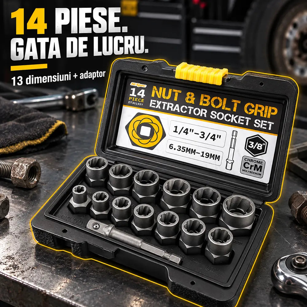 🛠️ Soluția Profesională pentru Șuruburi Blocate! Set Extractor de Piulițe și Șuruburi Deteriorate (14 Piese)! Oțel CrMo Ultra-Rezistent · Profil Anti-Alunecare · Cu Cutie de Transport!
