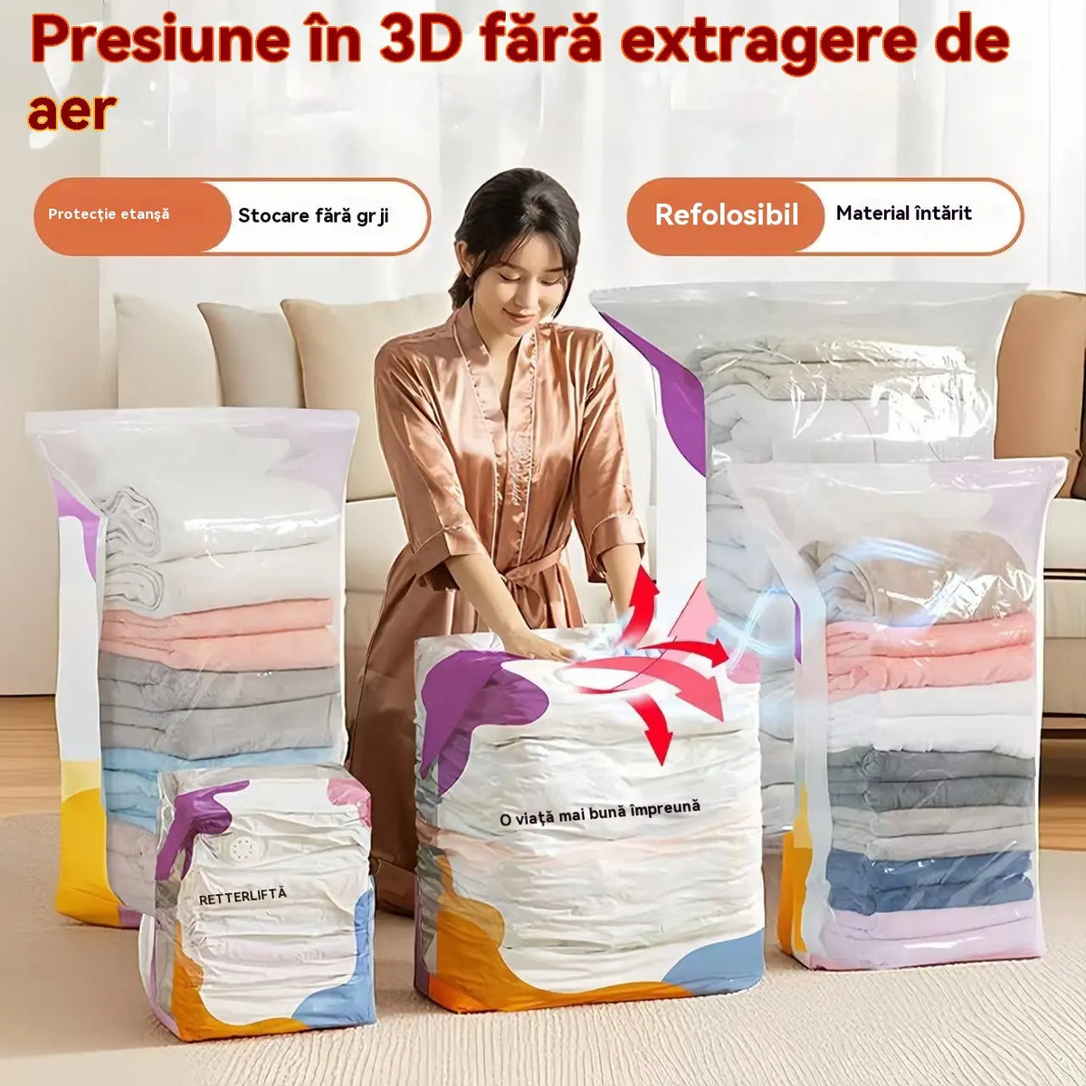 🧳【Set de 3 bucăți】💨 Pungi de depozitare sub vid, compresibile, de dimensiuni mari: nu necesită pompă, sunt etanșe și reprezintă alegerea ideală pentru a economisi spațiu în valiză și acasă ✈️