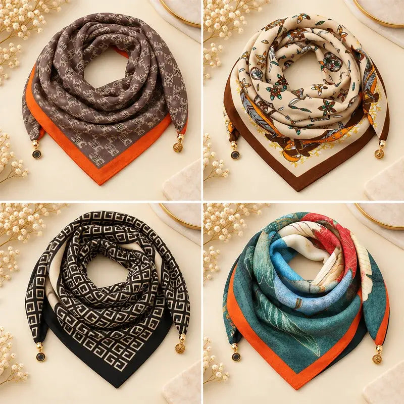 🧣 Set 4 Eșarfe Triunghiulare cu Închidere Magnetică · Purtare Rapidă Fără Noduri · Material Moale Călduros · Versatilitate Maximă!