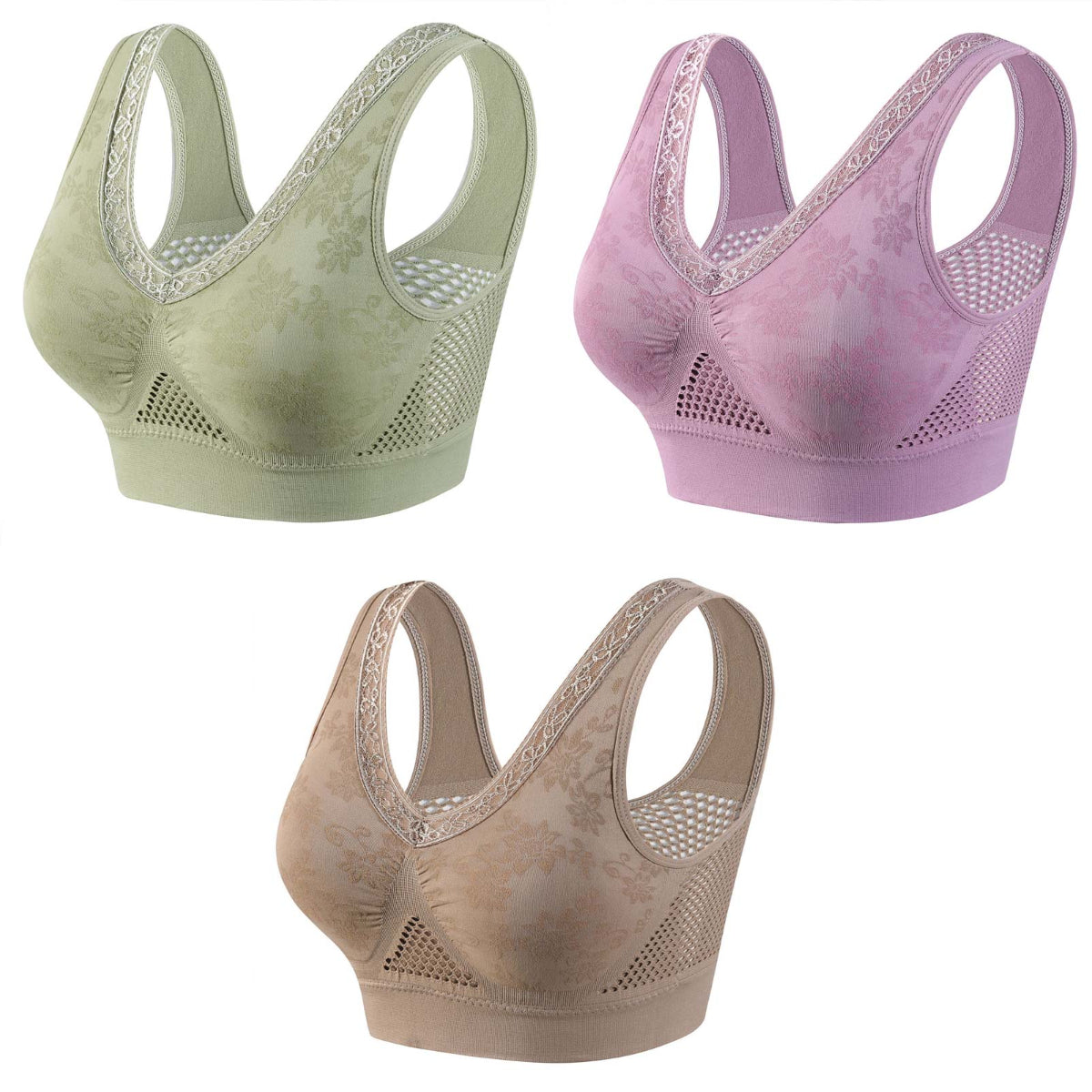 😍❤️【Set 3 bucăți】✨ Sutien din dantelă fără sârmă pentru femei — potrivit pentru 40–120 kg