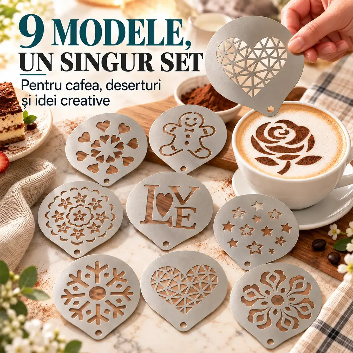 ☕ Set 9 Şabloane din Inox pentru Decorare Cafea și Deserturi – Transformați cappuccino-ul și prăjiturile în opere de artă! 🍰✨