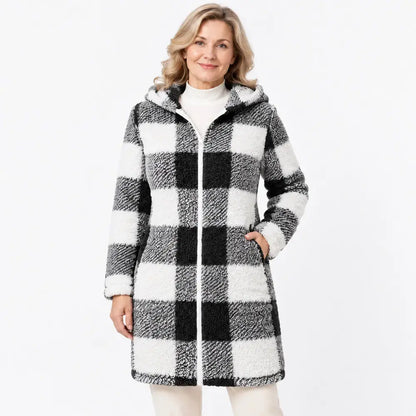 ✨【S-3XL】Cardigan lung damă reversibil, cu fermoar, blană artificială și model în carouri, pentru toamnă și iarnă