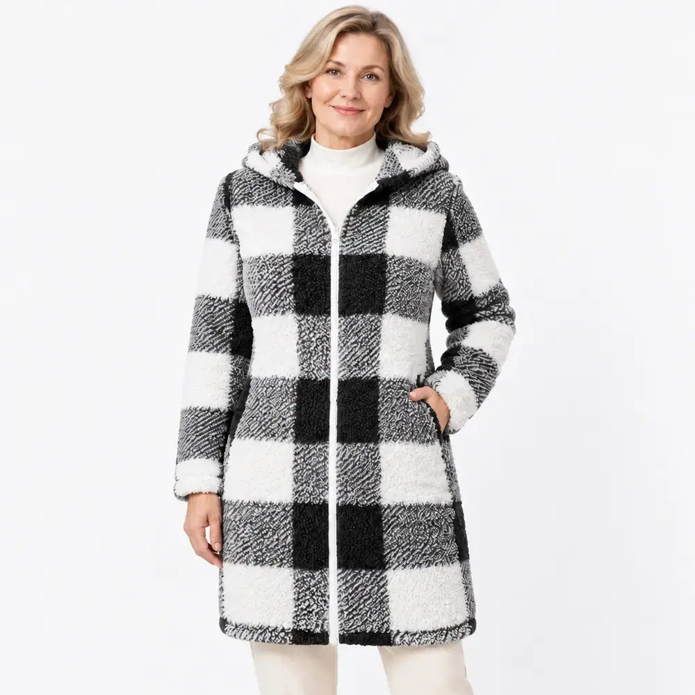 ✨【S-3XL】Cardigan lung damă reversibil, cu fermoar, blană artificială și model în carouri, pentru toamnă și iarnă