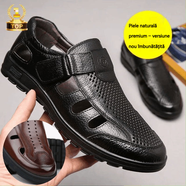😎👞【Piele naturală premium – versiune nou îmbunătățită】Sandale bărbătești high-end din piele naturală, cu design perforat