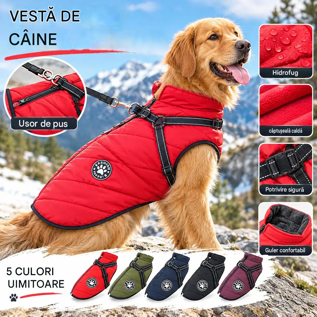 Vestă pentru animale de companie 2 în 1, cu material impermeabil, căptușeală din fleece și cataramă de siguranță, disponibilă în mai multe culori