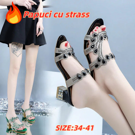 🥰【34-41】Papuci cu strasuri pentru a purta la exterior sandale cu toc gros de marime mare
