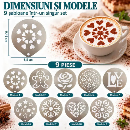 ☕ Set 9 Şabloane din Inox pentru Decorare Cafea și Deserturi – Transformați cappuccino-ul și prăjiturile în opere de artă! 🍰✨