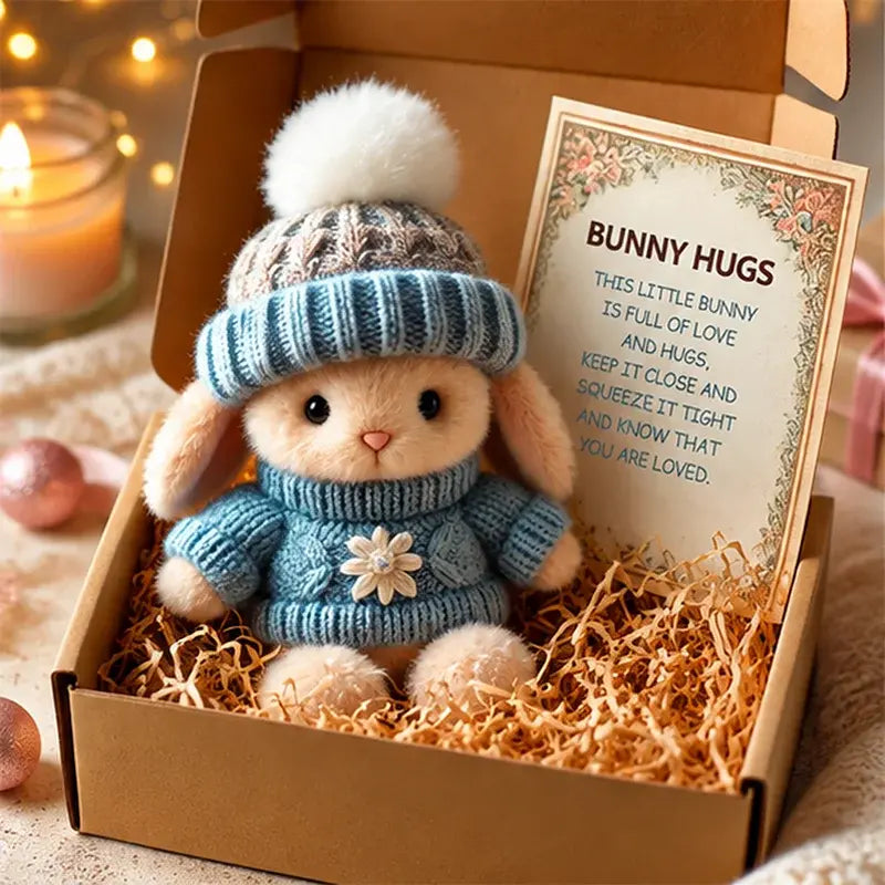 🐰 Iepuraș de pluș adorabil cu căciuliță și pulover tricotat, cadou perfect în cutie elegantă 🎁