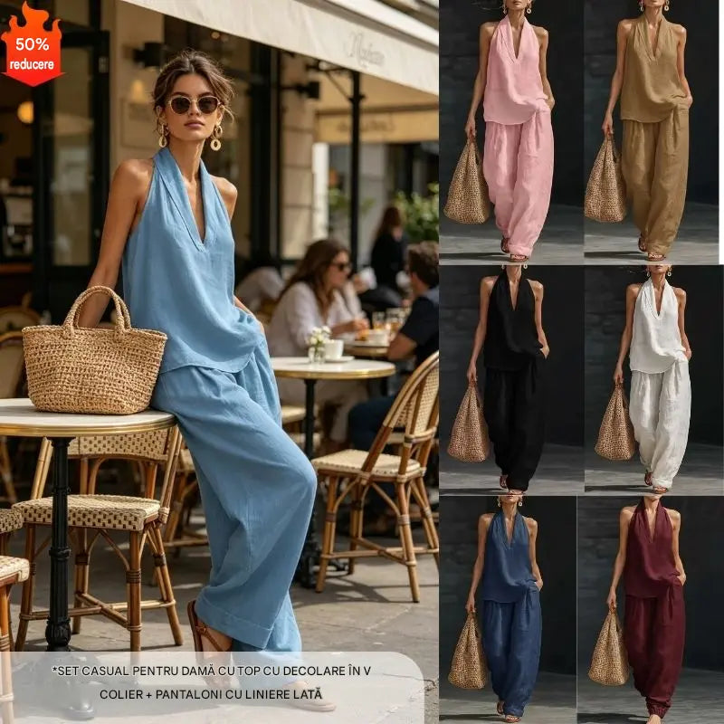 【S-5XL】💥Set casual pentru femei, top cu decolteu în V + pantaloni largi