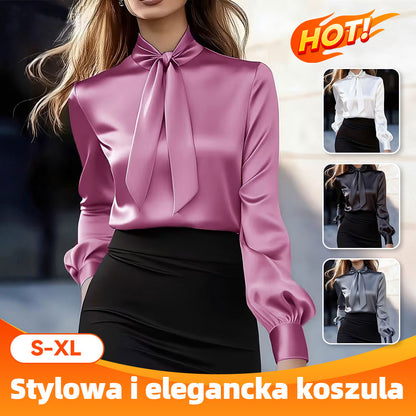 👚🎀Koszula satynowa z długim rękawem i jednolitym kolorem, wiosenna, 2026, dopasowana