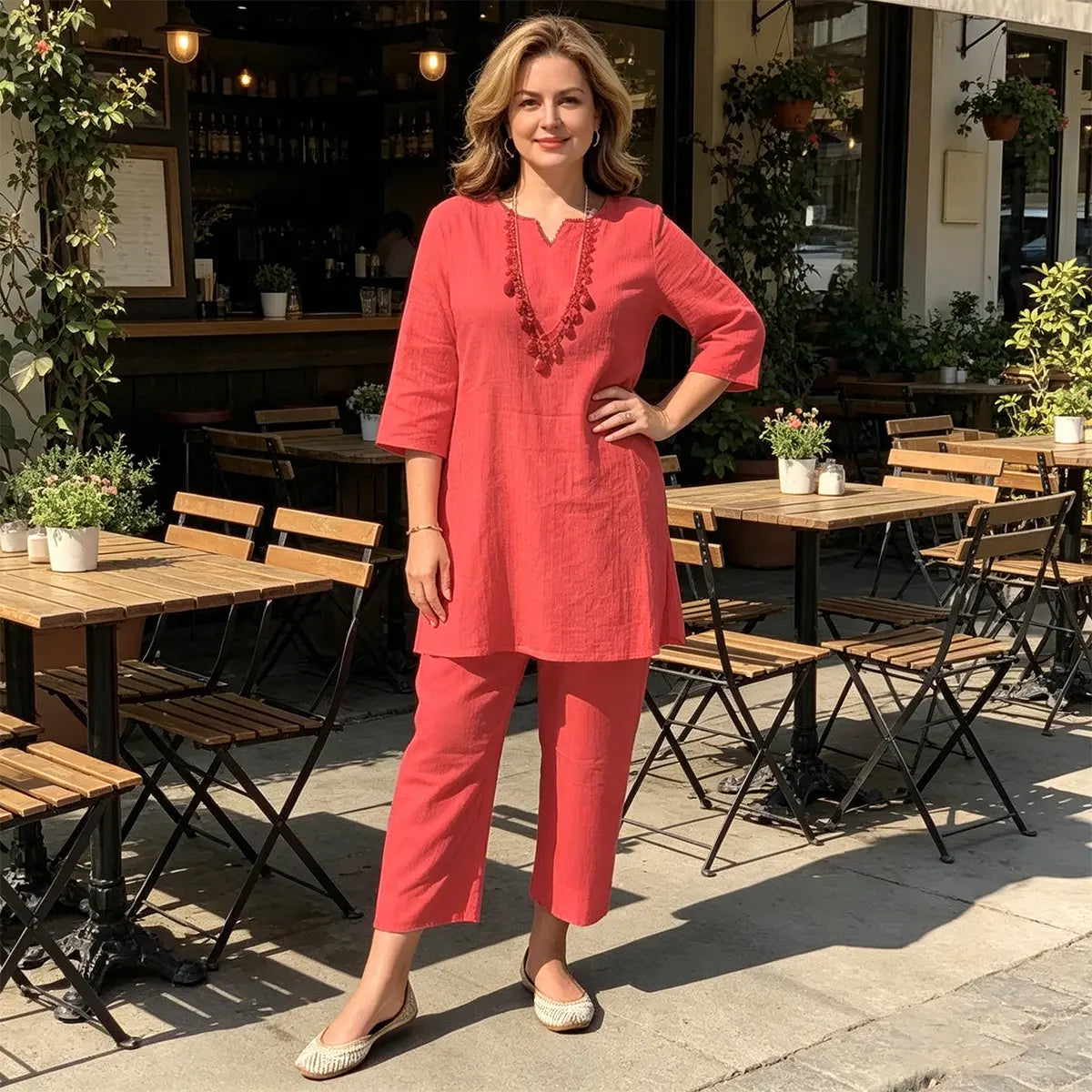 🔥【40-100kg】Vara noua moda culoare solidă temperament naveta stil etnic haine cu mâneci lungi costum din două piese