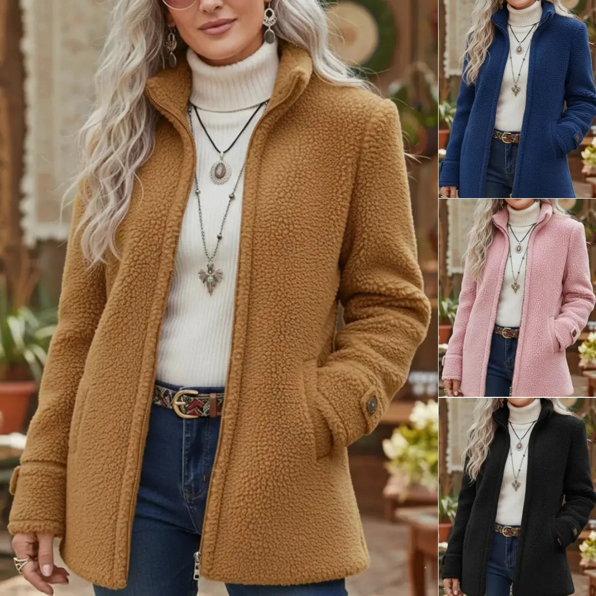 Palton damă lejer din lână, cu fermoar și căptușeală din fleece, mărimi S–3XL
