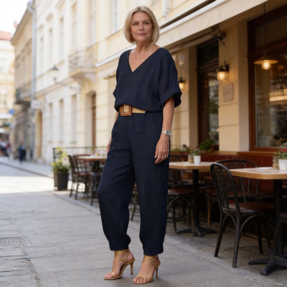 Compleu Damă Elegant din In și Bumbac: Bluză Lejeră în V și Pantaloni Lungi, Material Moale, Respirabil și Răcoros