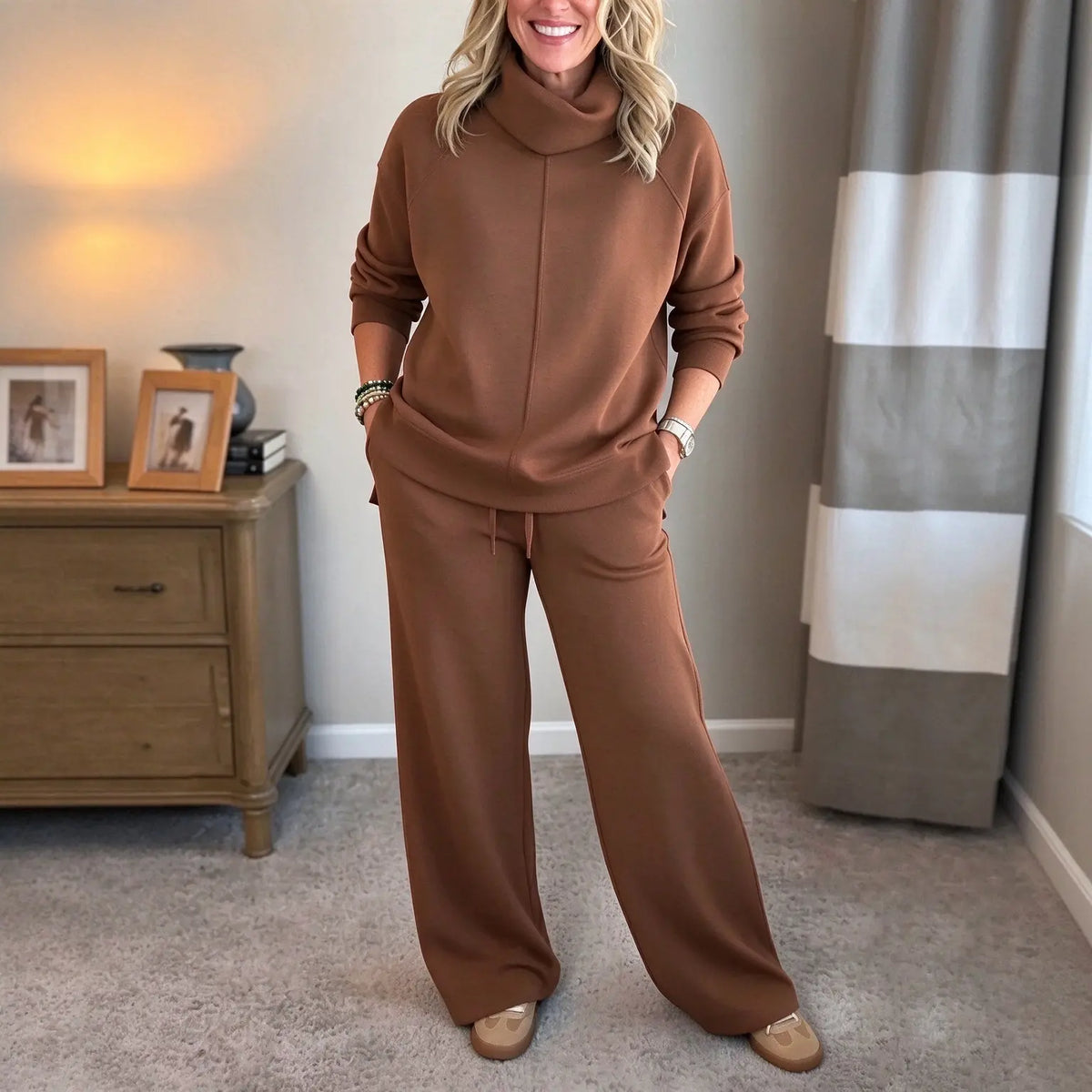 🍂🐏Set casual de iarnă pentru femei, de înaltă calitate: pulover minimalist cu guler înalt + pantaloni casual cu croială dreaptă🔥
