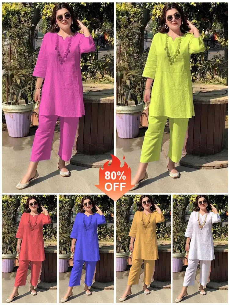 🔥【40-100kg】Vara noua moda culoare solidă temperament naveta stil etnic haine cu mâneci lungi costum din două piese