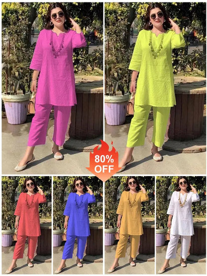 🔥【40-100kg】Vara noua moda culoare solidă temperament naveta stil etnic haine cu mâneci lungi costum din două piese