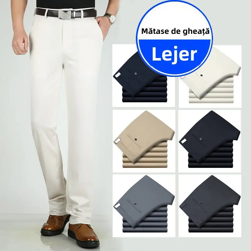 Pantaloni casual de afaceri subțiri pentru bărbați de primăvară și vară Pantaloni elastici din mătase de gheață, drepti, largi, fără călcat