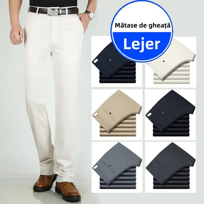 Pantaloni casual de afaceri subțiri pentru bărbați de primăvară și vară Pantaloni elastici din mătase de gheață, drepti, largi, fără călcat