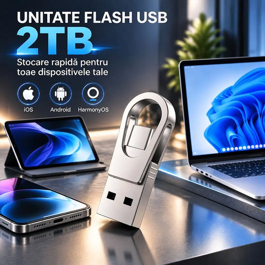 💾 Stick USB Flash 2TB cu Interfață Dublă (USB 3.0 + Type-C) · Carcasă Metalică · Compatibil Telefon, Tabletă și Laptop!