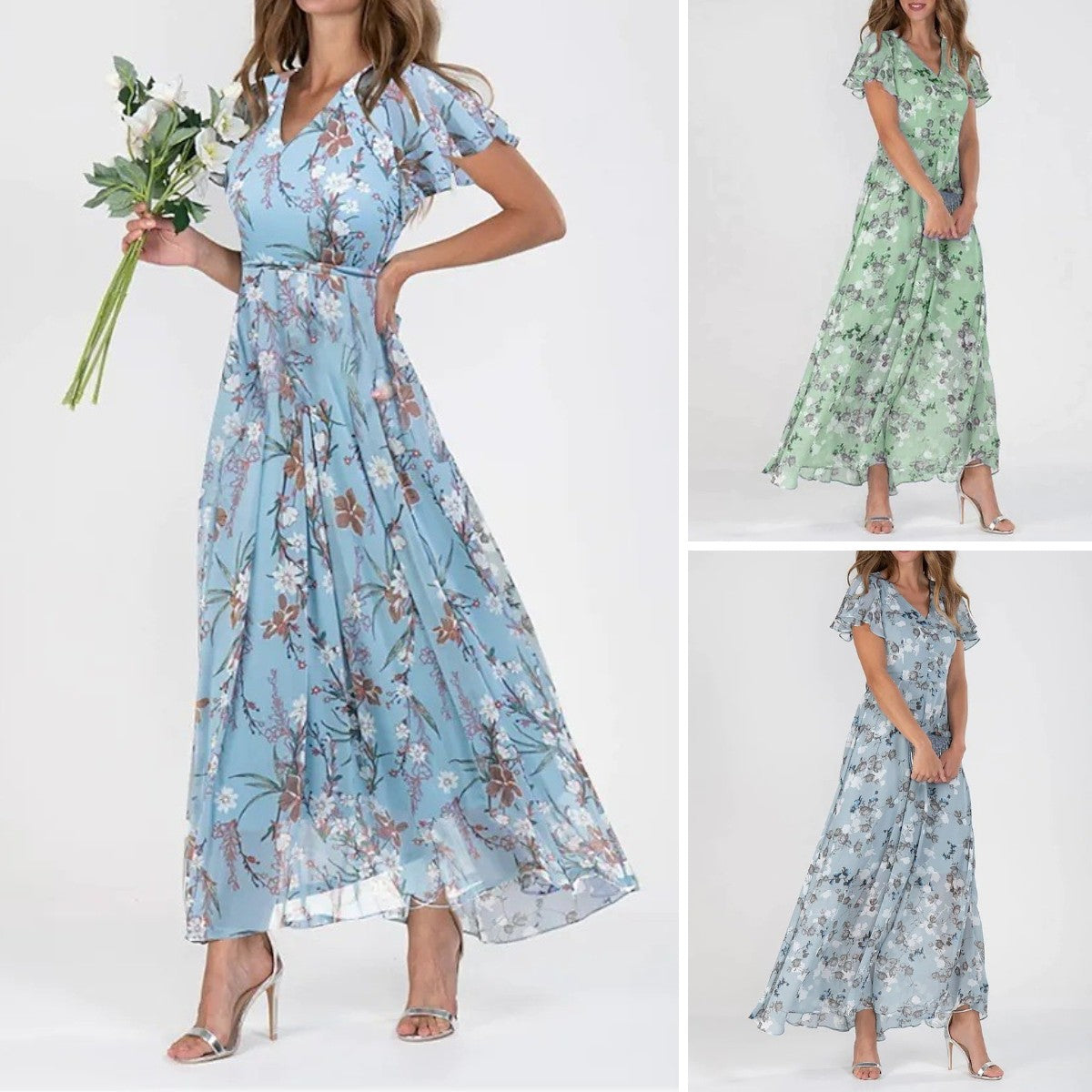 🔥Oferta ograniczona czasowo💖👗【S-3XL】Nowa letnia sukienka z mlecznego jedwabiu, falbany w kształcie litery V, modna i podkreślająca talię