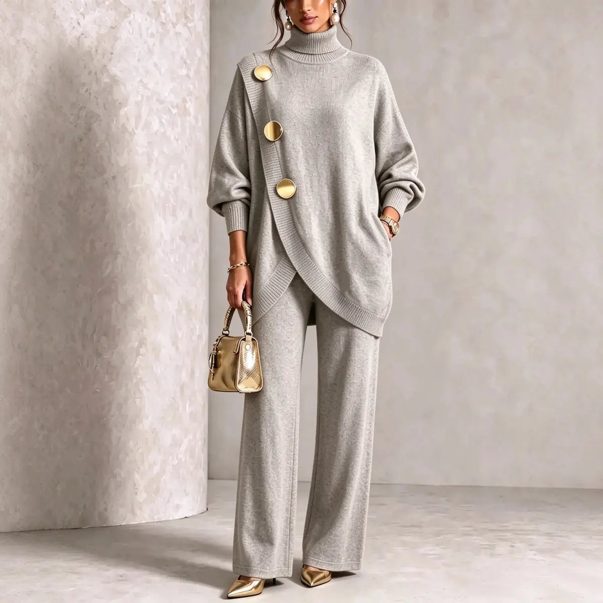 💕 【Top + pantaloni】Set elegant pentru femei: bluză cu guler înalt și pantaloni cu croială largă
