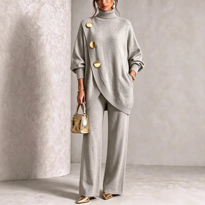 💕 【Top + pantaloni】Set elegant pentru femei: bluză cu guler înalt și pantaloni cu croială largă