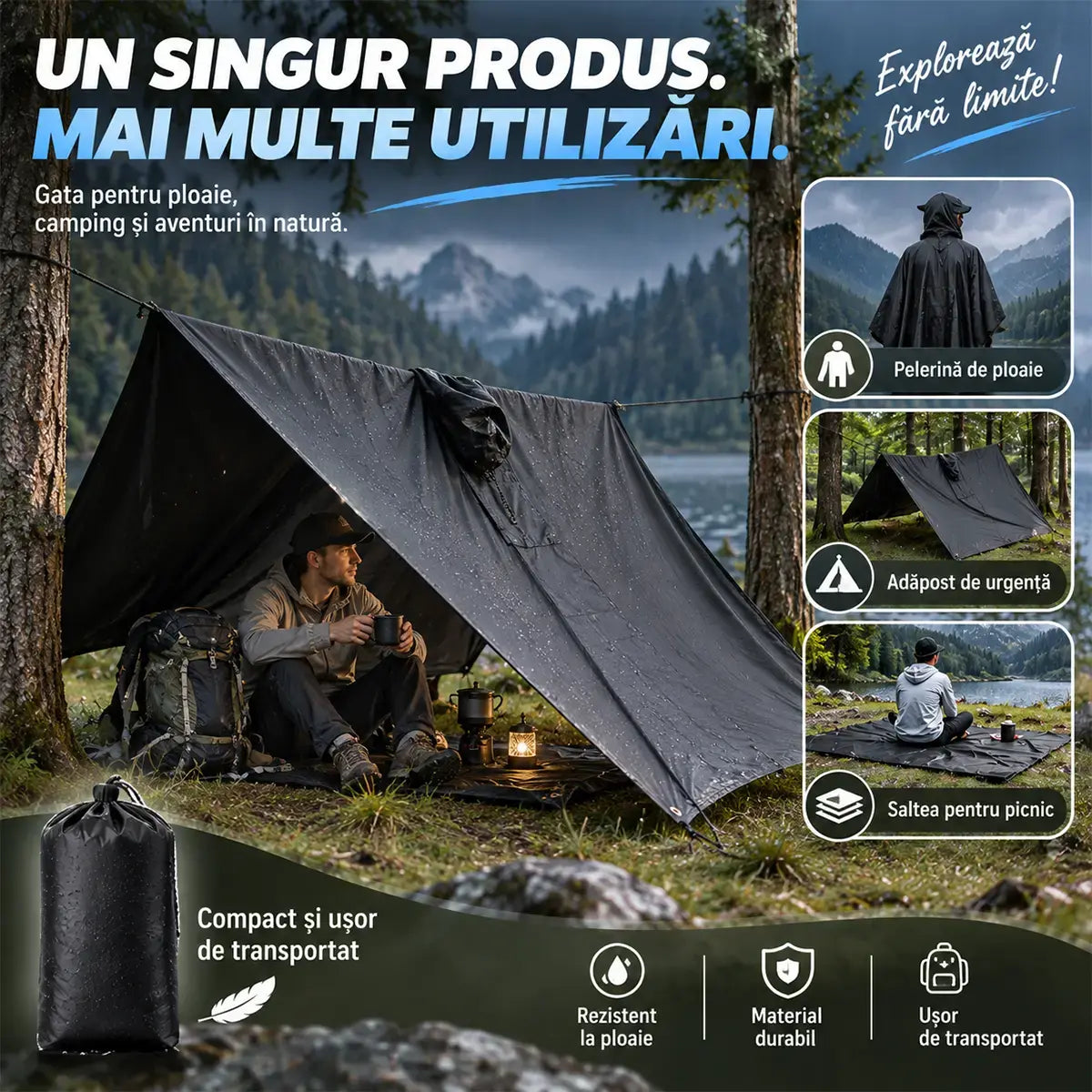🌧️ Poncho de Ploaie Multifuncțional 3 în 1 – Pelerină, adăpost și saltea de picnic într-un singur produs! 🌲⛰️
