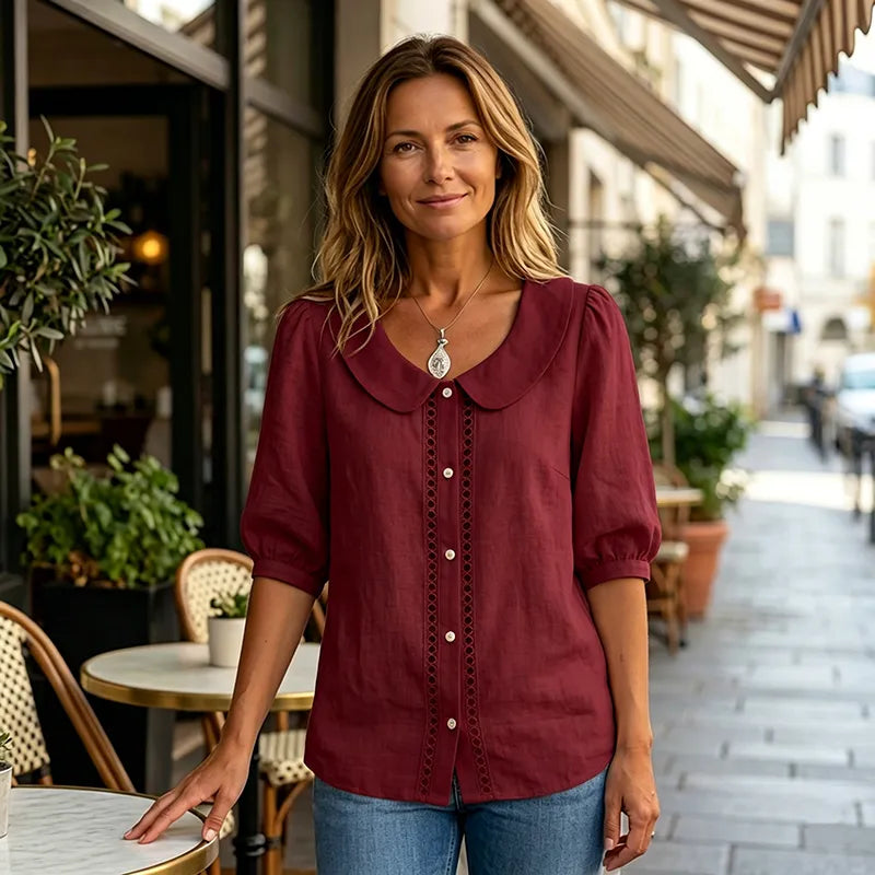 Cămașă de Vară Dama cu Guler Peter Pan și Detalii Dantelate, Bluză Elegantă cu Mânecă Trei Sferturi, Top Casual Textură Tip In