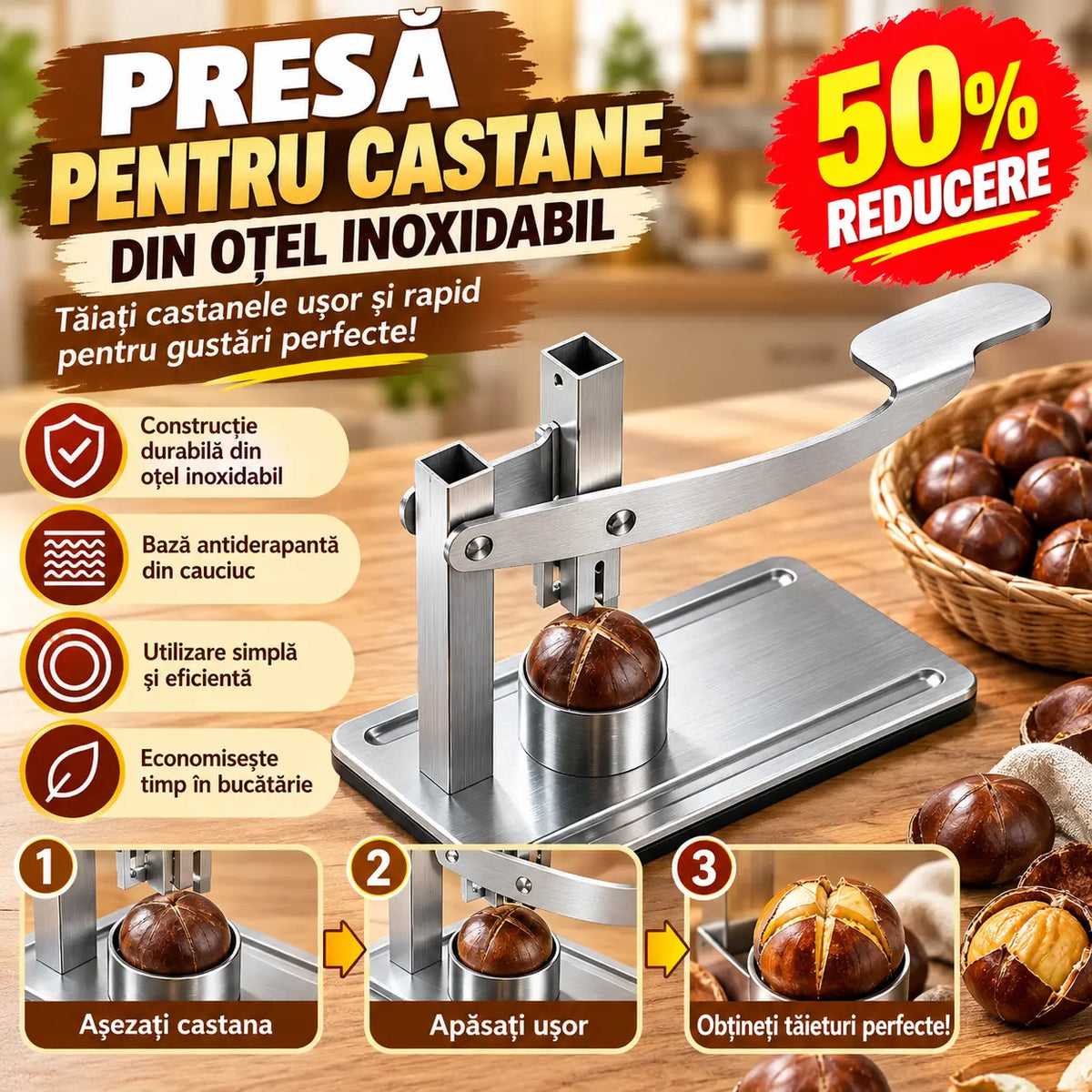 🥜💪Dispozitiv pentru spart nuci cu mâner – fabricat din oțel inoxidabil, gata de utilizare