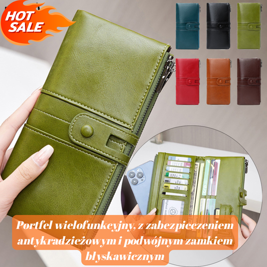 💼Wielofunkcyjny portfel, ręcznie wykonany ze skóry, szczotka antykradzieżowa, podwójny zamek błyskawiczny