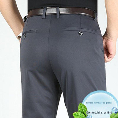 Pantaloni casual de afaceri subțiri pentru bărbați de primăvară și vară Pantaloni elastici din mătase de gheață, drepti, largi, fără călcat
