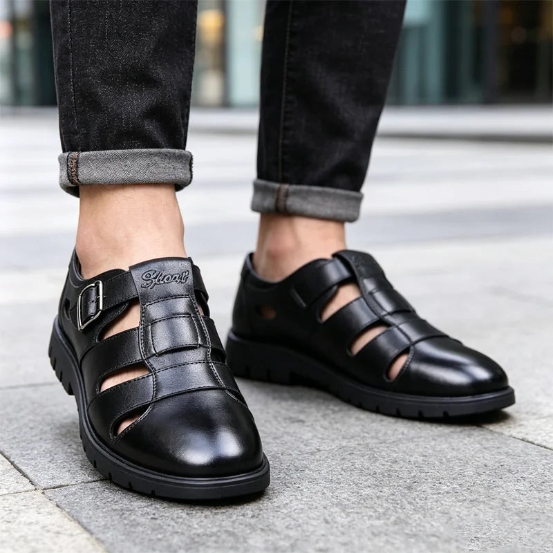 👞Мъжки сандали от естествена кожа с изрези｜Дишащи, удобни и с луксозен вид
