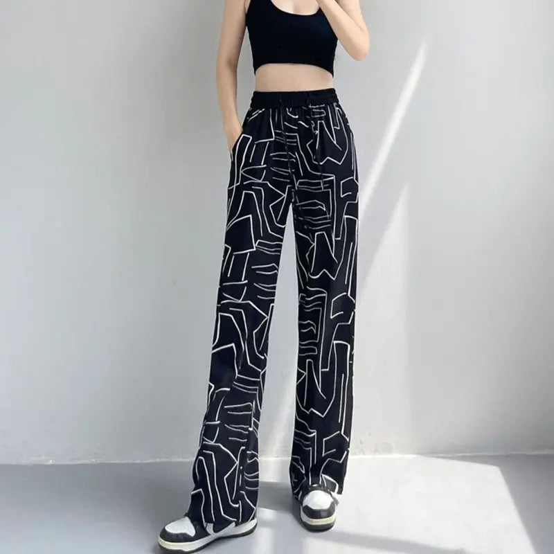 Pantaloni largi cu talpă înaltă din mătase rece pentru vară