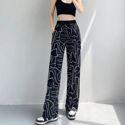 Pantaloni largi cu talpă înaltă din mătase rece pentru vară