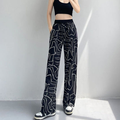 Pantaloni largi cu talpă înaltă din mătase rece pentru vară