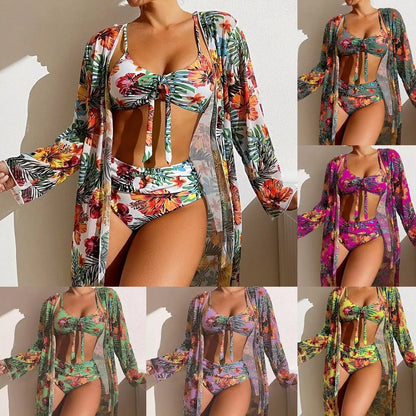 👙【S-2XL】Costum de baie sexy pentru vacanță, 3 piese, cu șal imprimat, model nou 2026