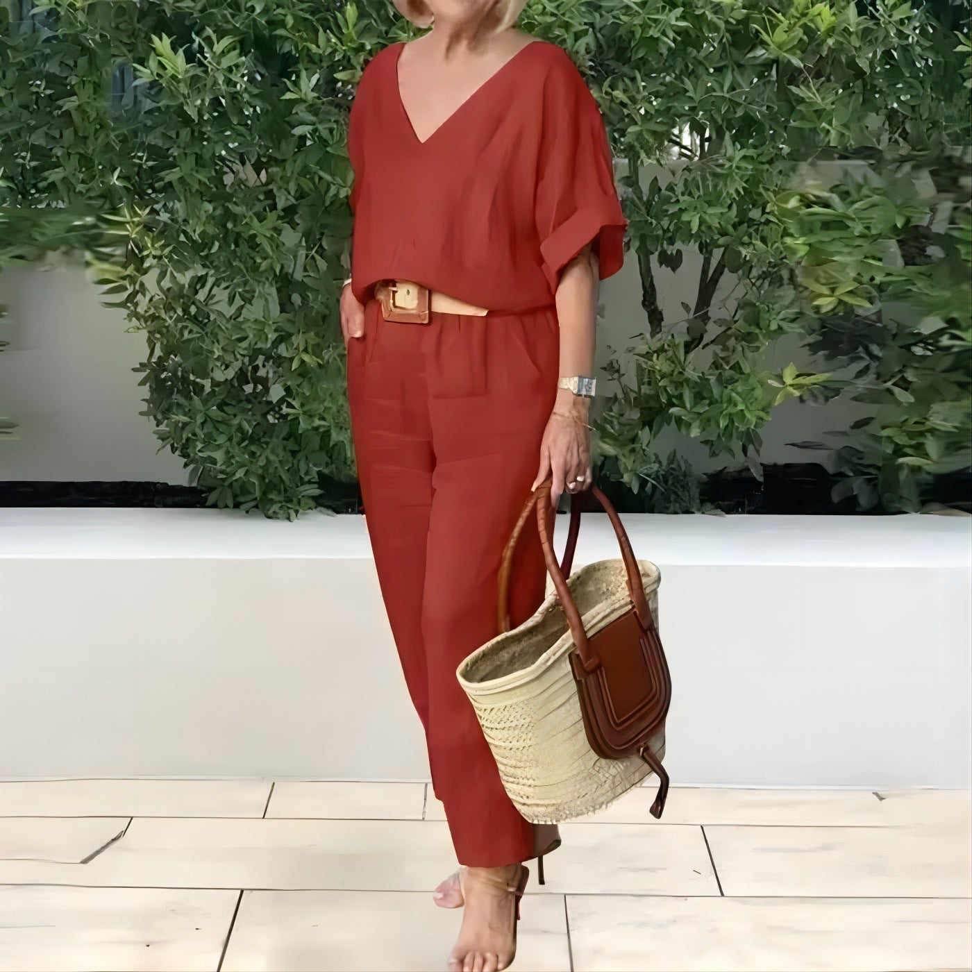 Compleu Damă Elegant din In și Bumbac: Bluză Lejeră în V și Pantaloni Lungi, Material Moale, Respirabil și Răcoros