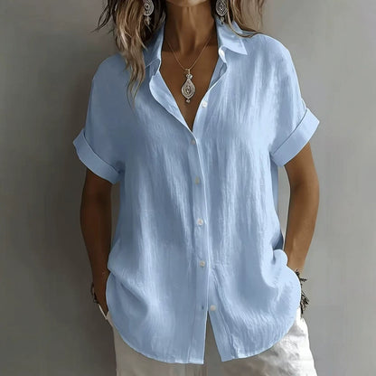 💃 【S–2XL】Cămașă casual cu mânecă scurtă pentru femei, din bumbac și in, culoare simplă.