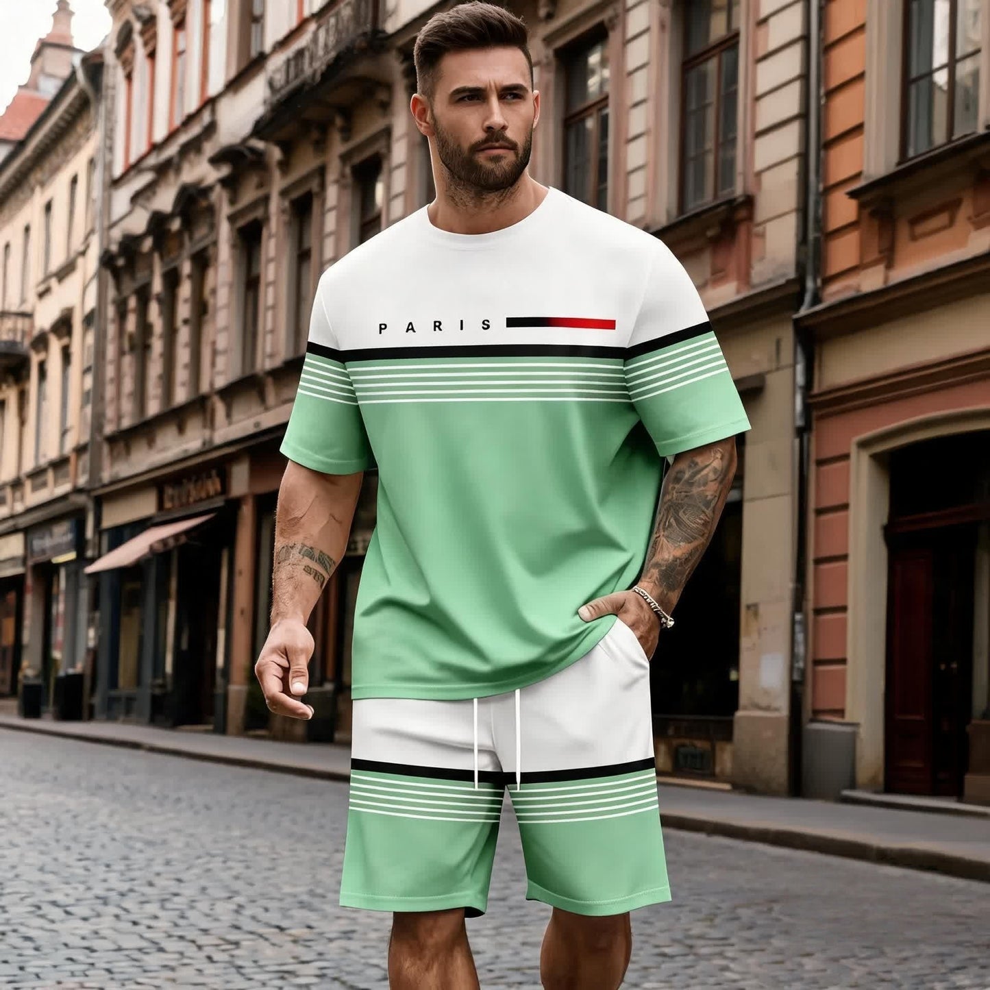 【S–5XL】Set bărbătesc casual și confortabil, format din tricou și pantaloni scurți cu mânecă scurtă, cu imprimeu cu litere.