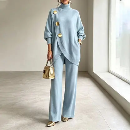 💕 【Top + pantaloni】Set elegant pentru femei: bluză cu guler înalt și pantaloni cu croială largă